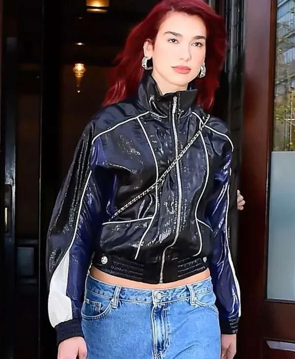 Street Style Dua Lipa Black Leather Jacket For Sale