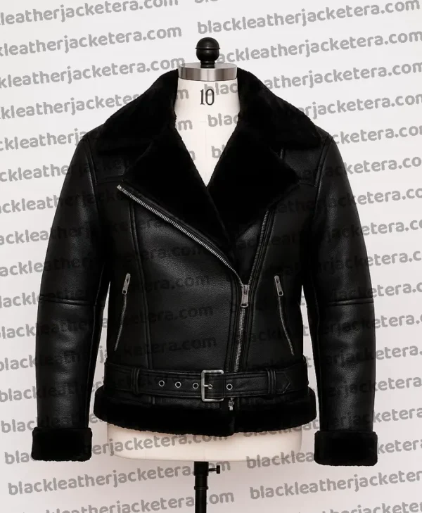 Womens Black Asymmetrical Shearling Pilot
