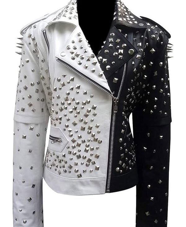 Womens Studded Black and White Leather Jacket