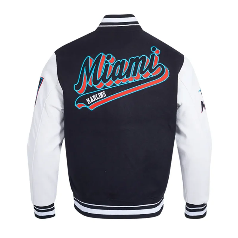 script tail miami marlins navy varsity jacket