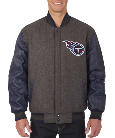 tennessee titans charcoal and navy varsity jacket