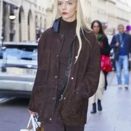 Anya-Taylor-Joy-2025-Brown-Suede-Leather-Jacket