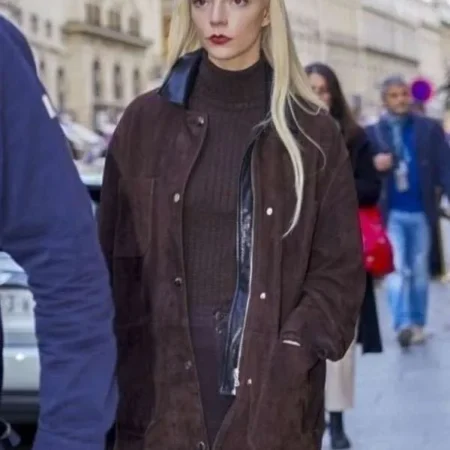 Anya-Taylor-Joy-PFW-2025-Brown-Suede-Leather-Jacket