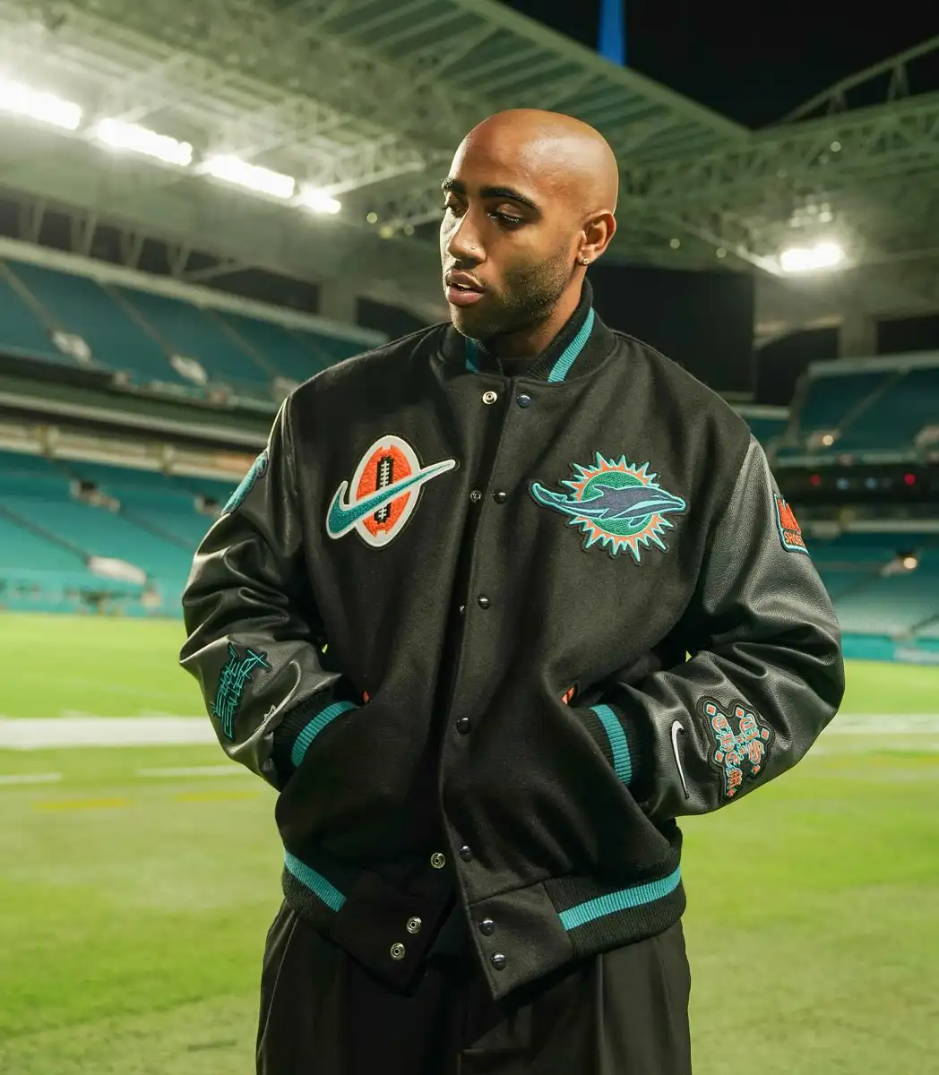 Bizzy Crook Miami Dolphins Black Varsity Jacket Bizzy Crook Miami Dolphins Black Varsity Jacket
