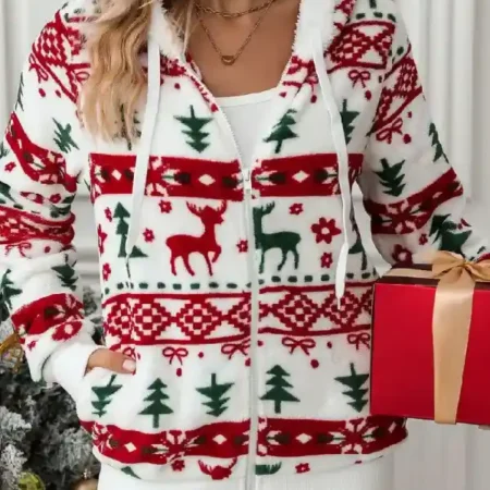 Drawstring Christmas Element Hooded Jacket