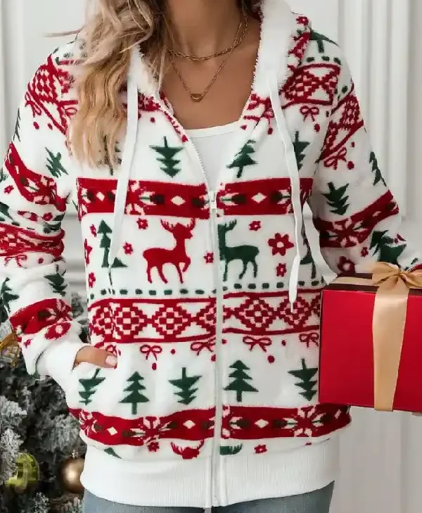 Drawstring Christmas Element Hooded Jacket
