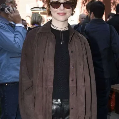 Emma-Stone-Telluride-Film-Festival-Brown-Suede-Leather-Shirt