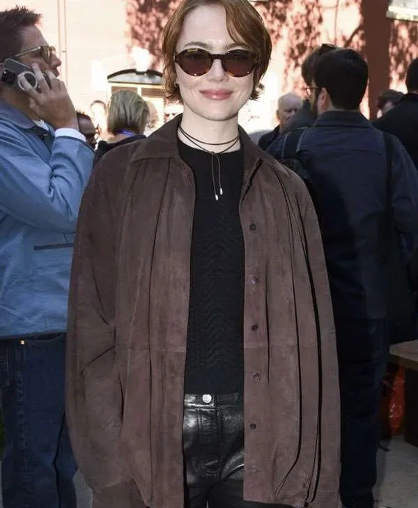 Emma-Stone-Telluride-Film-Festival-Brown-Suede-Leather-Shirt