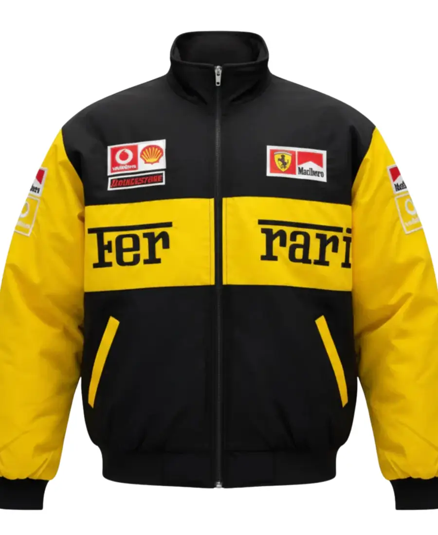 Ferrari-x-Marlboro-Black-and-Yellow-Racing-Jacket Ferrari x Marlboro Black and Yellow Formula 1 Racing Jacket