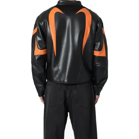 Men’s Black and Orange Cropped Motorcycle Leather Jacket
