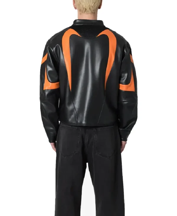 Men’s Black and Orange Cropped Motorcycle Leather Jacket
