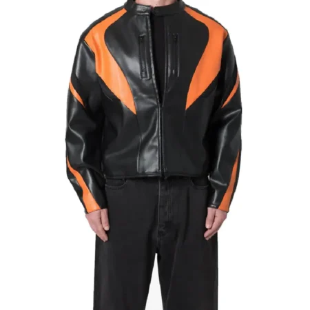 Men’s Black and Orange Cropped Motorcycle Leather Jacket
