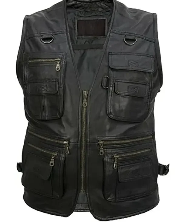 Men’s Workwear Black Leather Safari Vest
