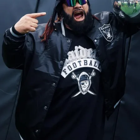 NFL Las Vegas Raiders Jacob Fatu Black Bomber Satin Jacket