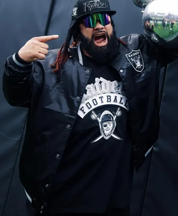 NFL Las Vegas Raiders Jacob Fatu Black Bomber Satin Jacket