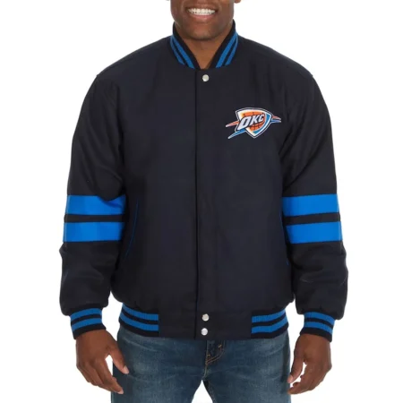 Oklahoma City Thunder Navy Wool Letterman Jacket with Stripes
