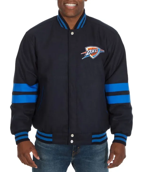 Oklahoma City Thunder Navy Wool Letterman Jacket with Stripes