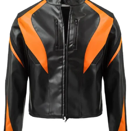 Men’s Black and Orange Cropped Motorcycle Leather Jacket