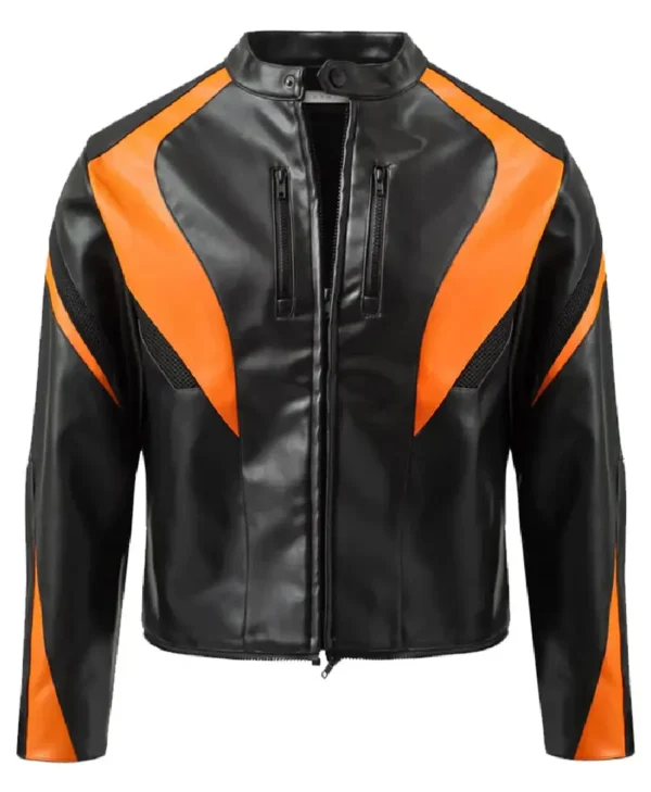 Men’s Black and Orange Cropped Motorcycle Leather Jacket