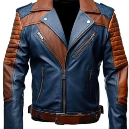 Men’s Blue and Brown Motorcycle Leather Jacket