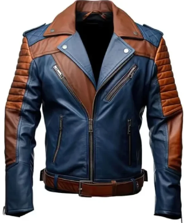 Men’s Blue and Brown Motorcycle Leather Jacket