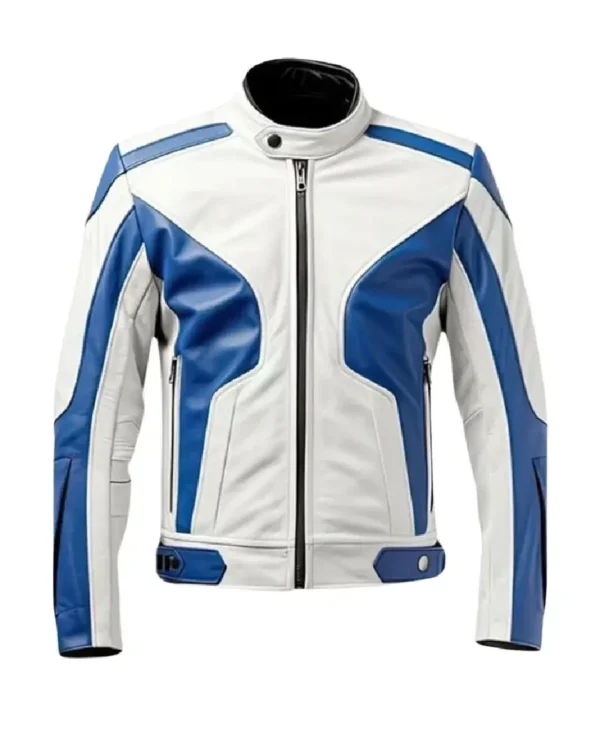 Men’s White and Blue Lambskin Motorcycle Leather Jacket
