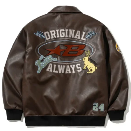 Retro Star Patch Brown Leather Varsity Jacket