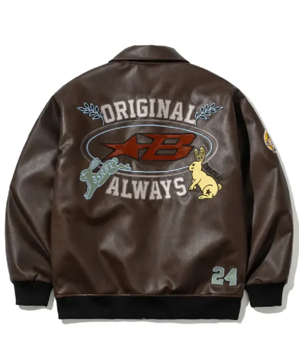 Retro Star Patch Brown Leather Varsity Jacket
