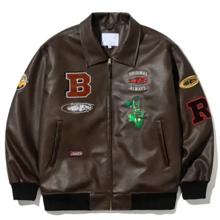 Retro Star Patch Brown Leather Varsity Jacket