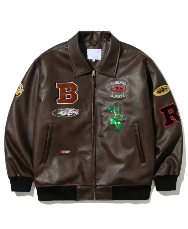 Retro Star Patch Brown Leather Varsity Jacket