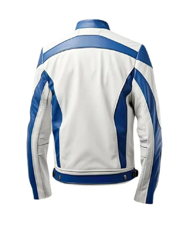 Men’s White and Blue Lambskin Motorcycle Leather Jacket