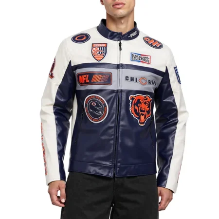Chicago Bears Navy and White Moto Leather Jacket
