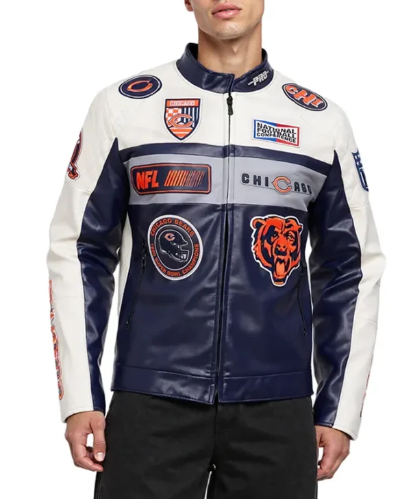 Chicago Bears Navy and White Moto Leather Jacket