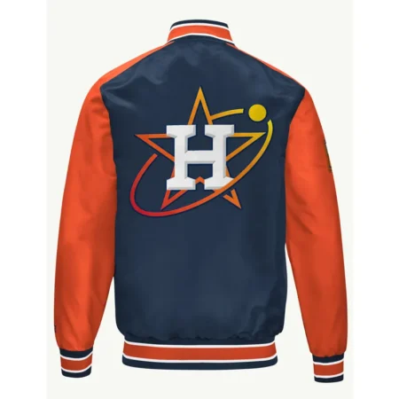 Houston Astros Blue and Orange Varsity Satin Bomber Jacket