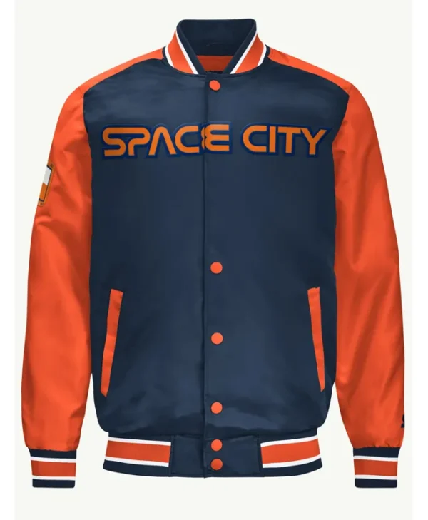 Houston Astros Blue and Orange Varsity Satin Bomber Jacket