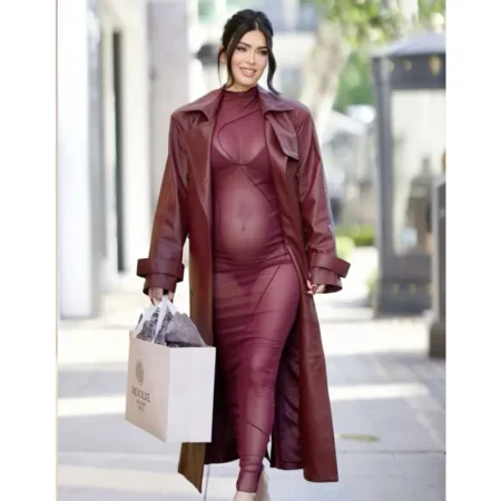Megan Fox Stylish Maroon Belted Leather Trench Coat