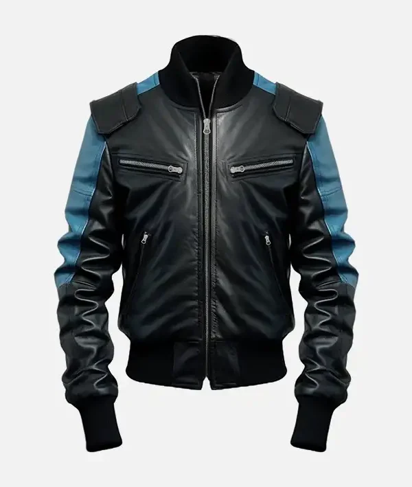 Men’s Black and Blue Leather Bomber Jacket