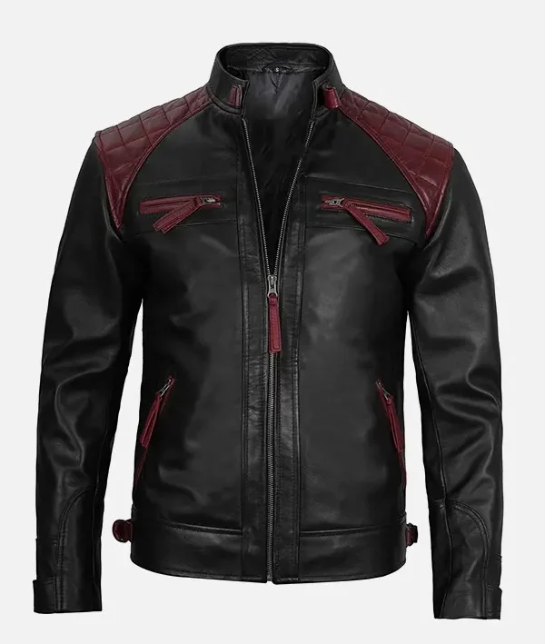 Men’s Quilted Black and Maroon Café Racer Leather Jacket