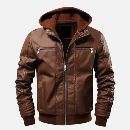 Men’s Ethan Brown Leather Hooded Jacket