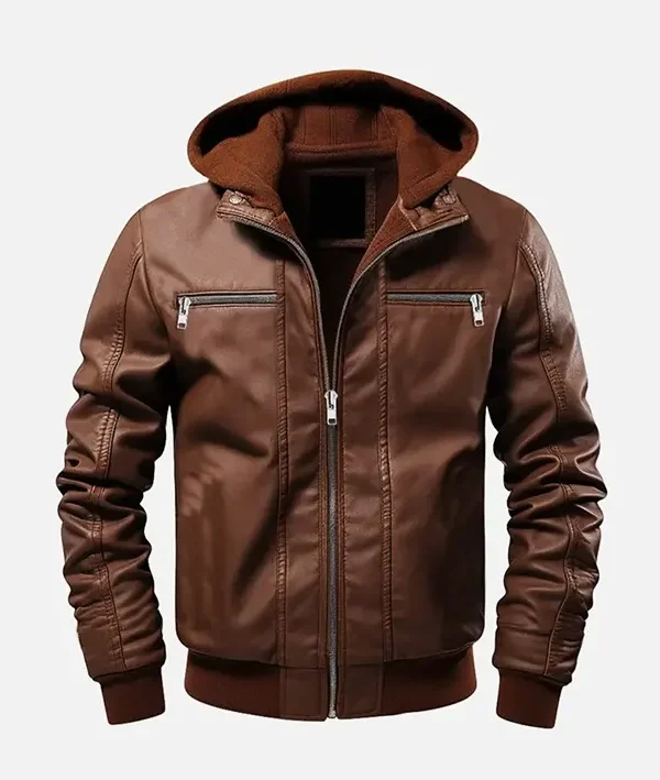 Men’s Ethan Brown Leather Hooded Jacket