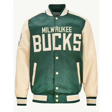 Milwaukee Bucks Green and Cream Varsity Satin Bomber Jacket