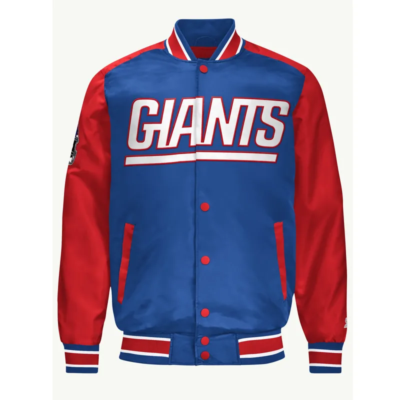 new-york-giants-varsity-satin-jacket New York Giants Blue and Red Varsity Satin Bomber Jacket