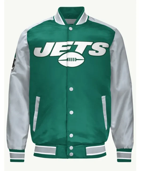 New York Jets Green and Gray Varsity Satin Bomber Jacket