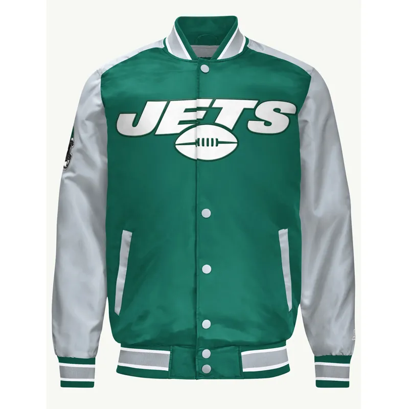 new-york-jets-varsity-satin-jacket New York Jets Green and Gray Varsity Satin Bomber Jacket
