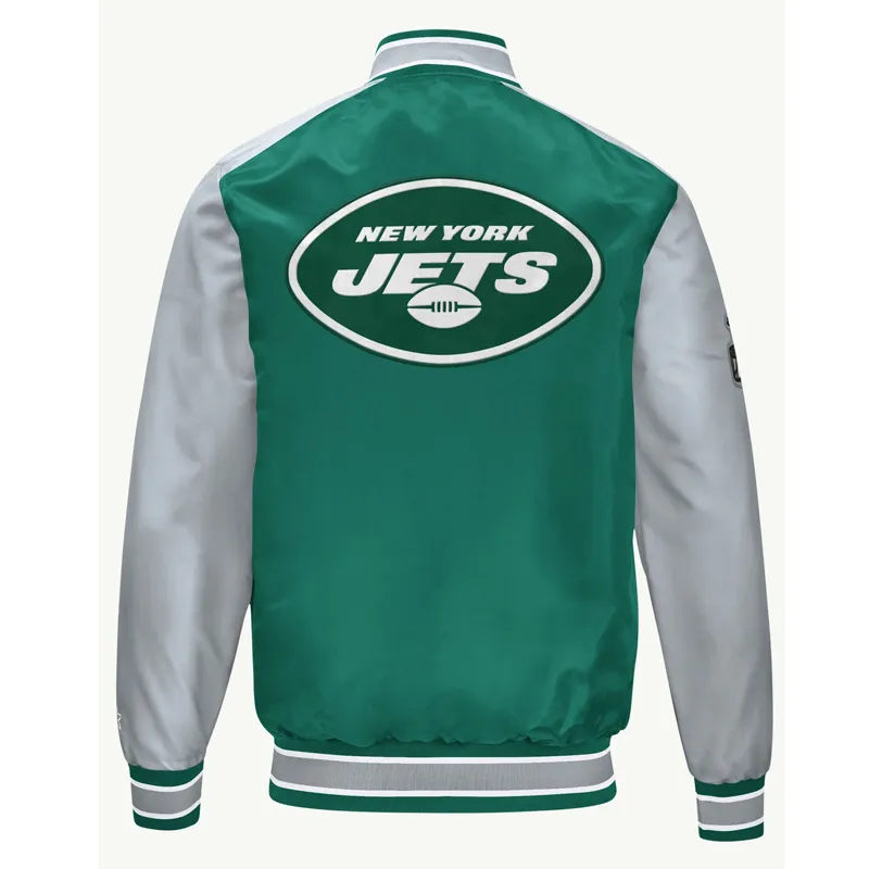 ny-jets-green-and-gray-varsity-satin-jacket New York Jets Green and Gray Varsity Satin Bomber Jacket