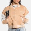 Beige Baseball Varsity Bomber Jacket Cropped