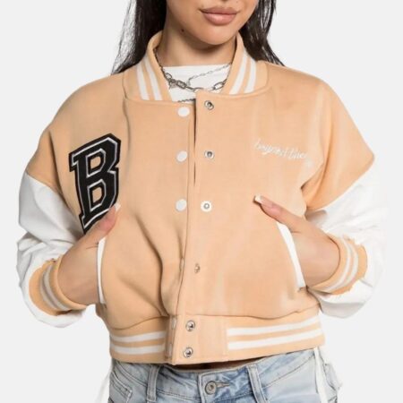 Beige Baseball Varsity Bomber Jacket Cropped