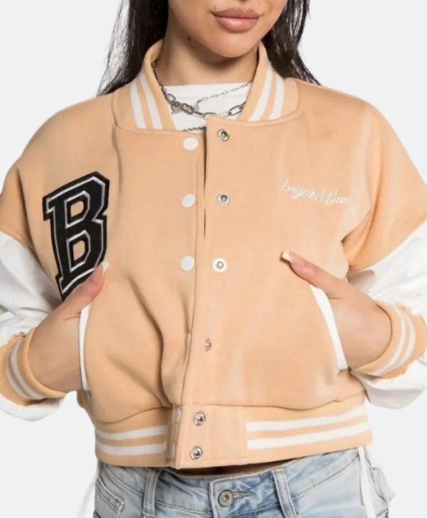 Beige Baseball Varsity Bomber Jacket Cropped