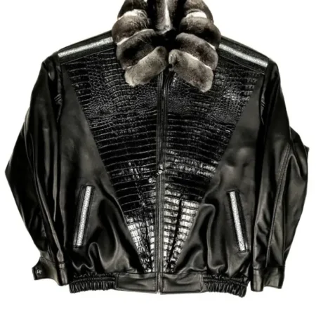 Chinchilla Fur Collar Black Sheepskin Leather Jacket