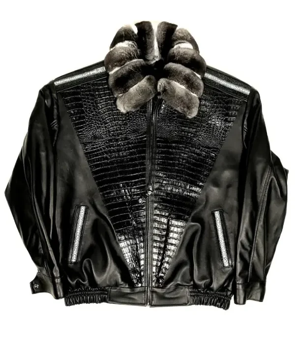 Chinchilla Fur Collar Black Sheepskin Leather Jacket